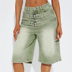 Green Bermuda Shorts with Double Belt Detail